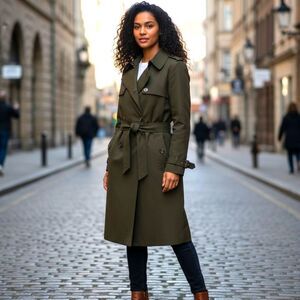New York & Company Olive Green Double-Breasted Trench Coat